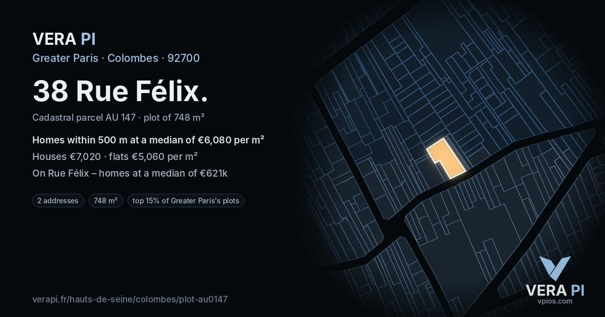 38 Rue Félix, Colombes at night – the plot lit, the parcels around coloured by the prices near them
