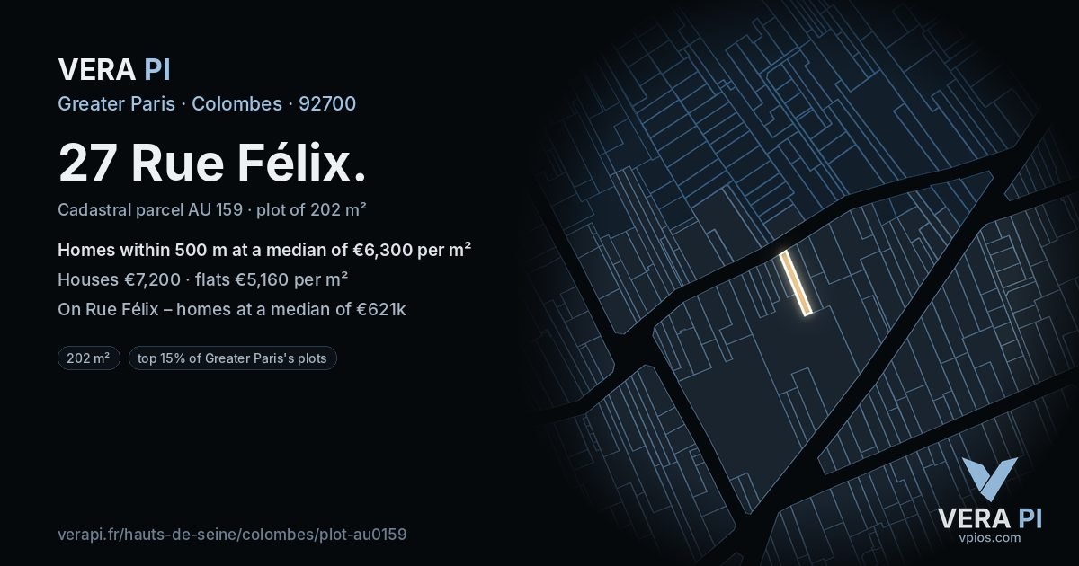 27 Rue Félix, Colombes at night – the plot lit, the parcels around coloured by the prices near them