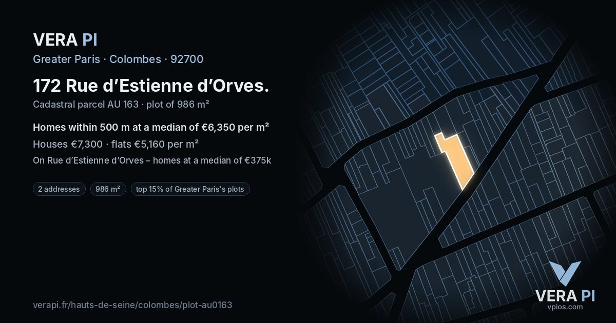 172 Rue d’Estienne d’Orves, Colombes at night – the plot lit, the parcels around coloured by the prices near them