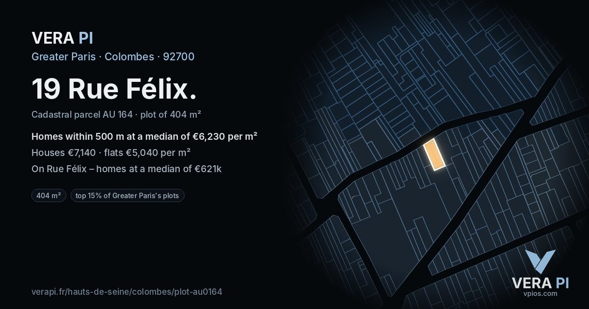 19 Rue Félix, Colombes at night – the plot lit, the parcels around coloured by the prices near them