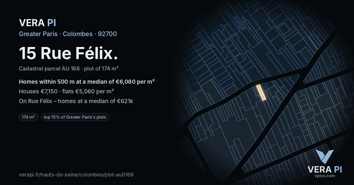 15 Rue Félix, Colombes at night – the plot lit, the parcels around coloured by the prices near them