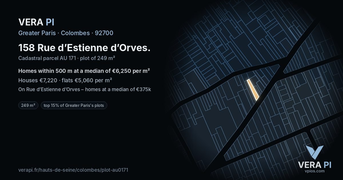 158 Rue d’Estienne d’Orves, Colombes at night – the plot lit, the parcels around coloured by the prices near them