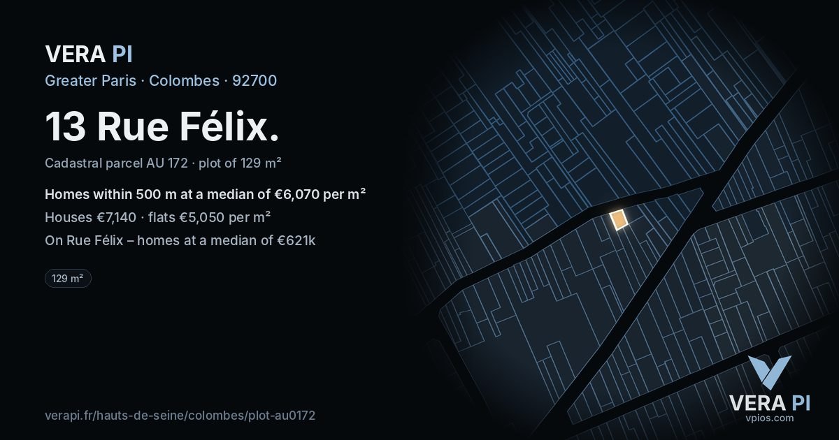 13 Rue Félix, Colombes at night – the plot lit, the parcels around coloured by the prices near them