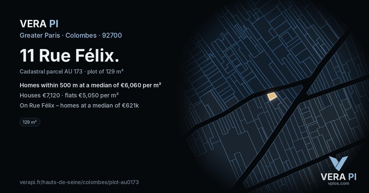 11 Rue Félix, Colombes at night – the plot lit, the parcels around coloured by the prices near them