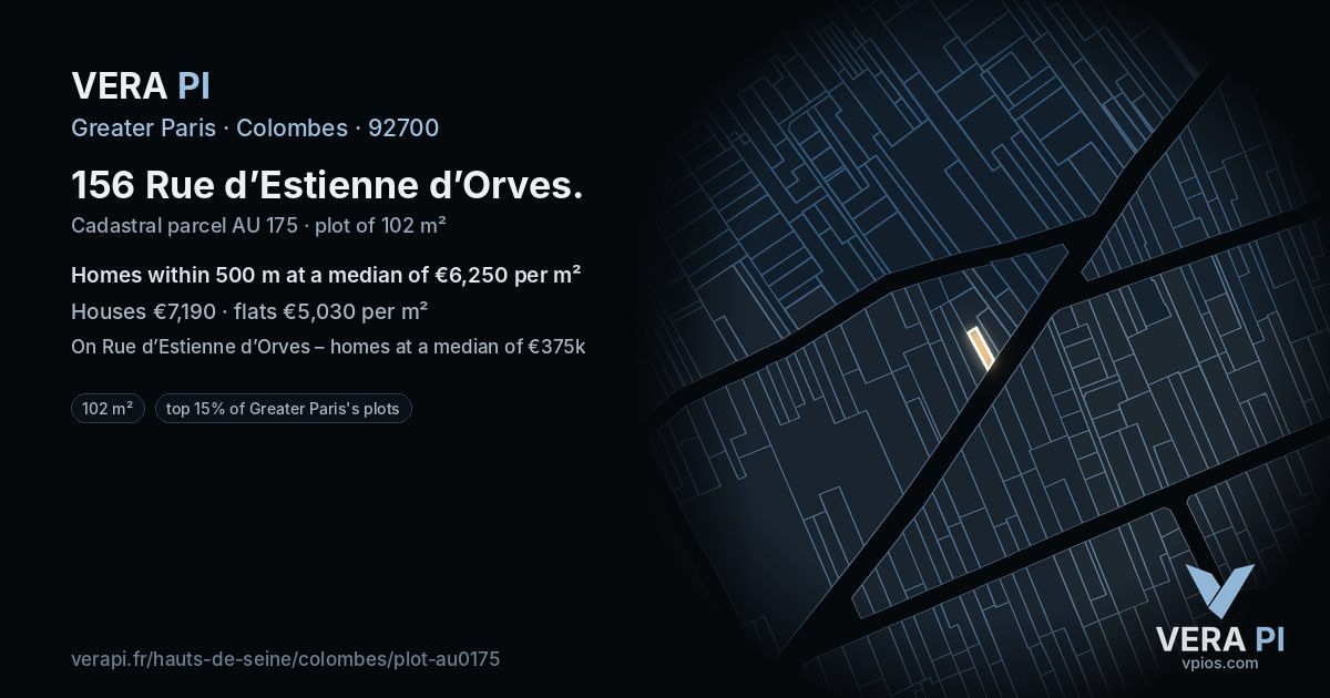 156 Rue d’Estienne d’Orves, Colombes at night – the plot lit, the parcels around coloured by the prices near them
