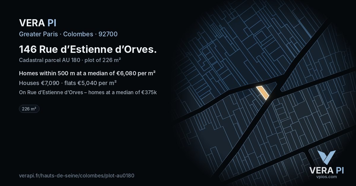 146 Rue d’Estienne d’Orves, Colombes at night – the plot lit, the parcels around coloured by the prices near them
