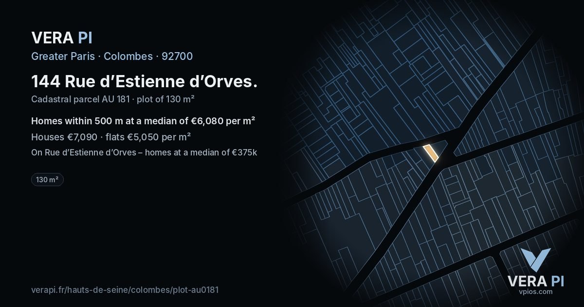 144 Rue d’Estienne d’Orves, Colombes at night – the plot lit, the parcels around coloured by the prices near them