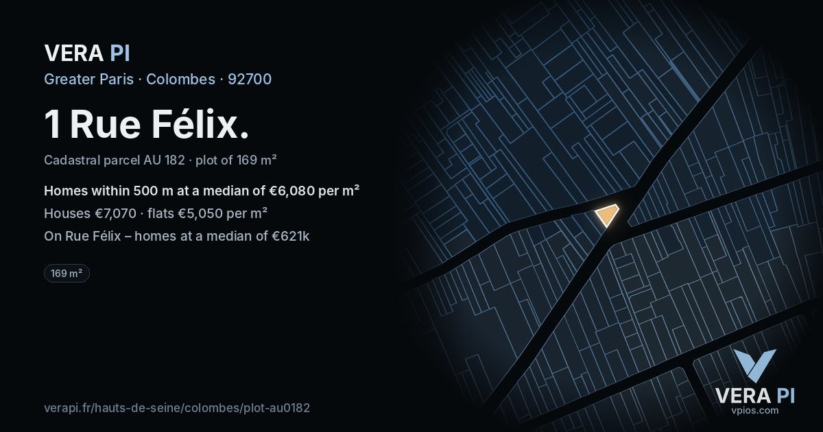 1 Rue Félix, Colombes at night – the plot lit, the parcels around coloured by the prices near them