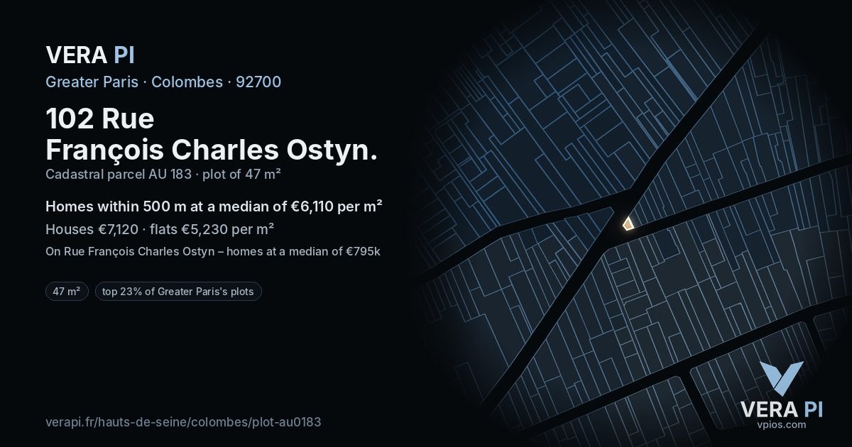 102 Rue François Charles Ostyn, Colombes at night – the plot lit, the parcels around coloured by the prices near them
