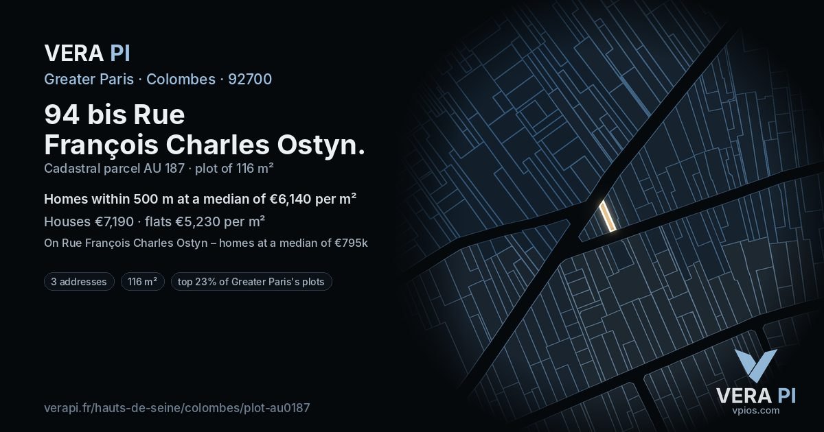94 bis Rue François Charles Ostyn, Colombes at night – the plot lit, the parcels around coloured by the prices near them