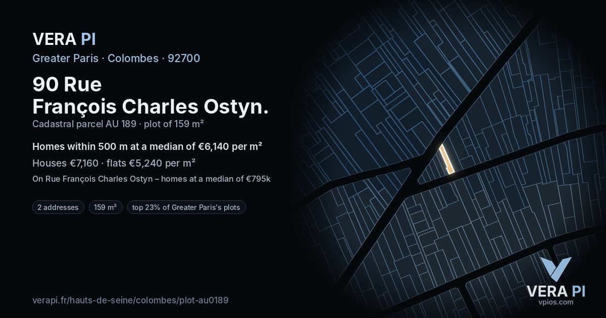 90 Rue François Charles Ostyn, Colombes at night – the plot lit, the parcels around coloured by the prices near them