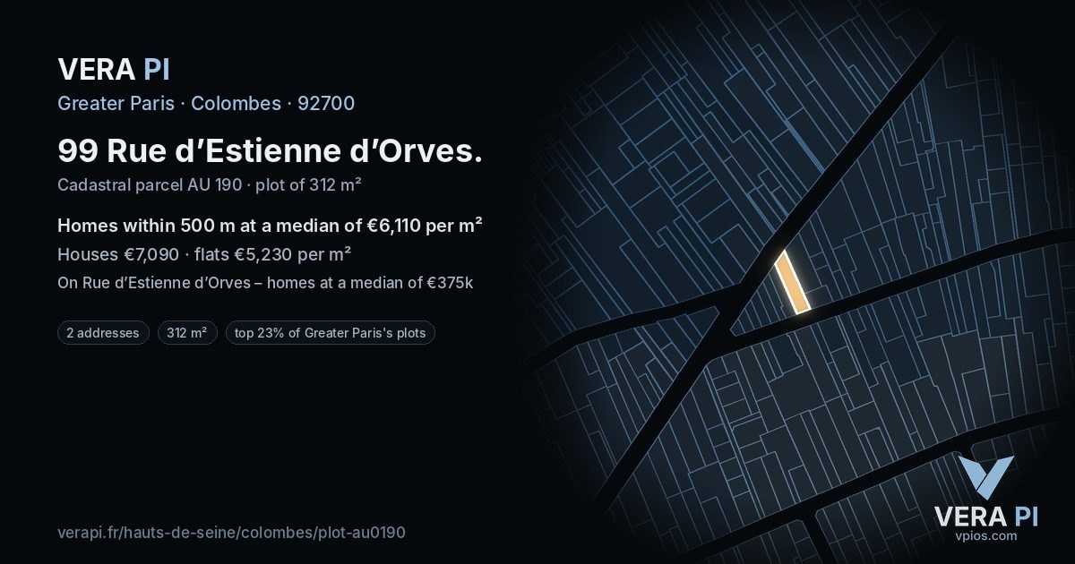 99 Rue d’Estienne d’Orves, Colombes at night – the plot lit, the parcels around coloured by the prices near them