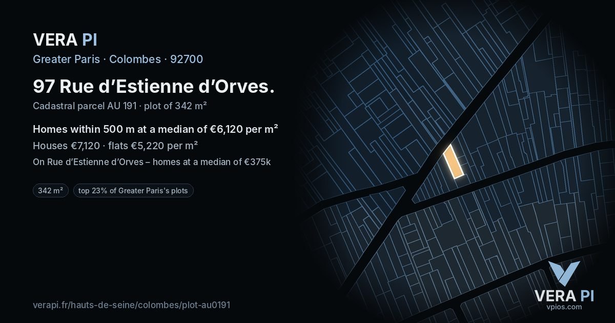 97 Rue d’Estienne d’Orves, Colombes at night – the plot lit, the parcels around coloured by the prices near them