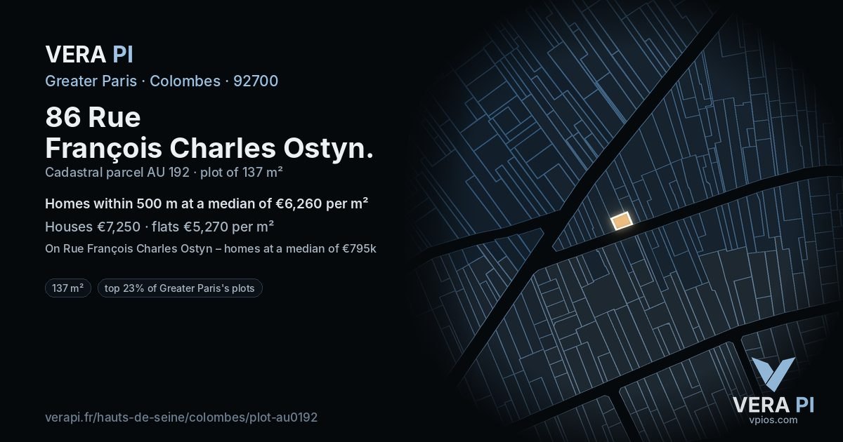 86 Rue François Charles Ostyn, Colombes at night – the plot lit, the parcels around coloured by the prices near them
