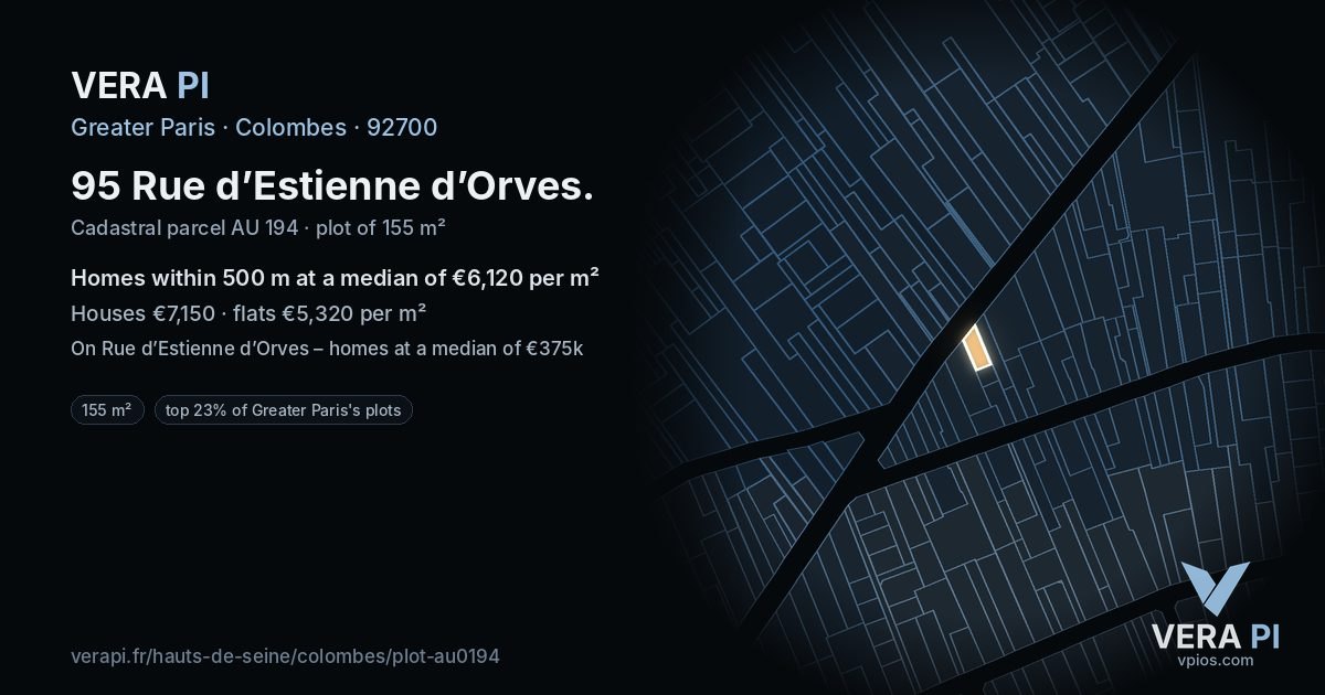 95 Rue d’Estienne d’Orves, Colombes at night – the plot lit, the parcels around coloured by the prices near them