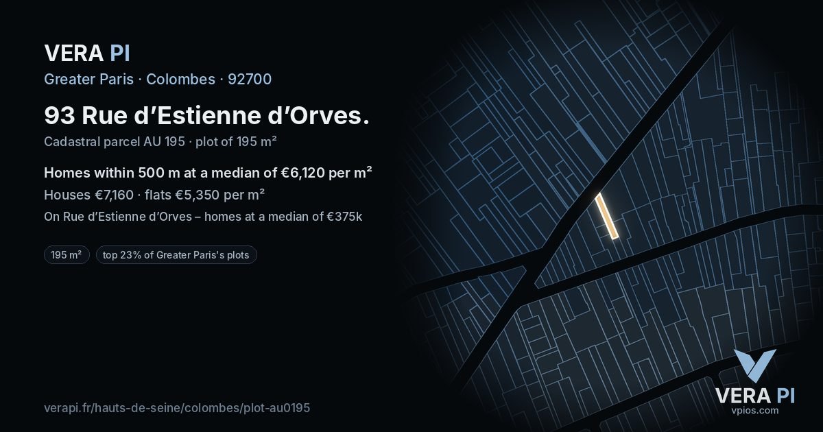 93 Rue d’Estienne d’Orves, Colombes at night – the plot lit, the parcels around coloured by the prices near them