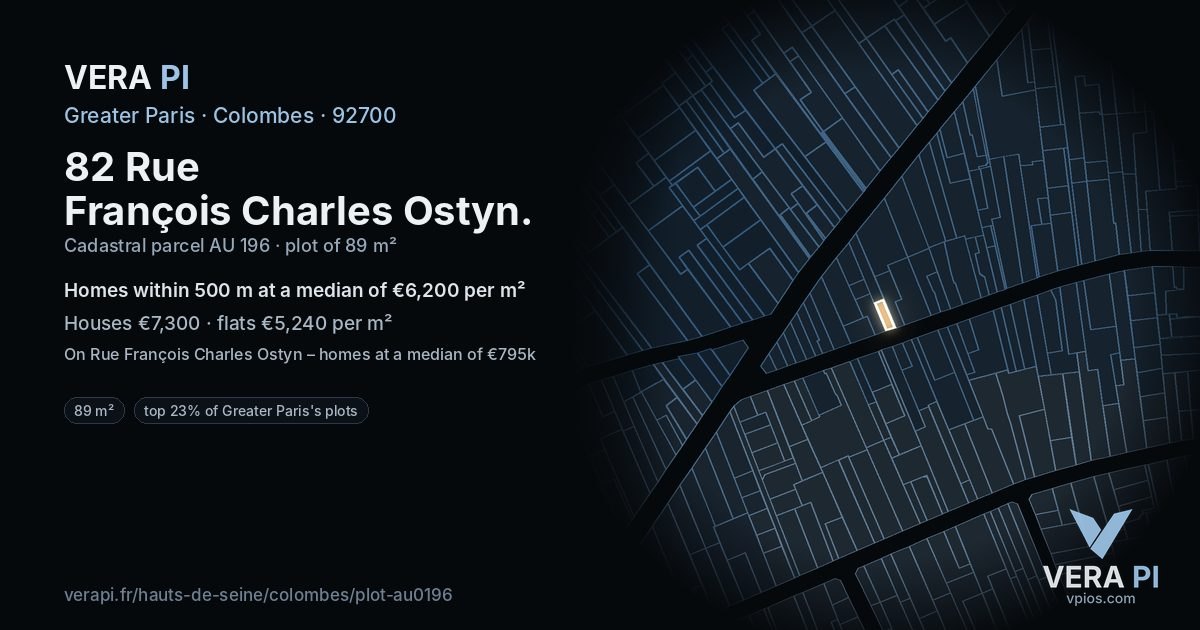 82 Rue François Charles Ostyn, Colombes at night – the plot lit, the parcels around coloured by the prices near them