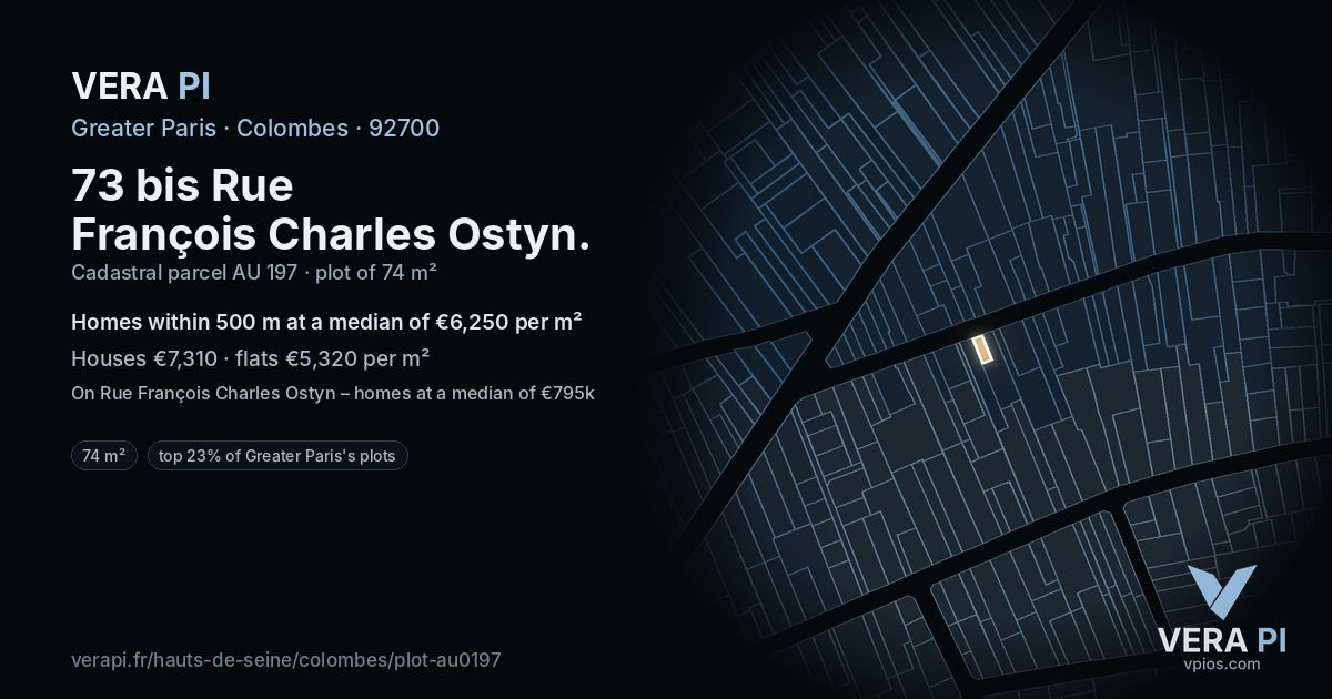 73 bis Rue François Charles Ostyn, Colombes at night – the plot lit, the parcels around coloured by the prices near them