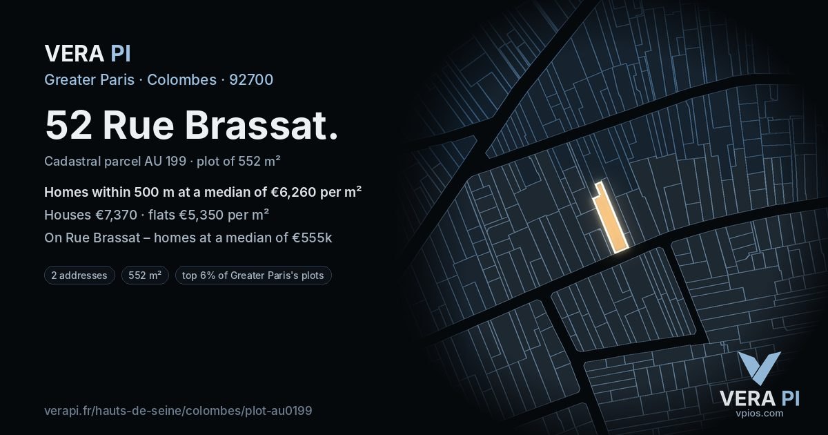 52 Rue Brassat, Colombes at night – the plot lit, the parcels around coloured by the prices near them