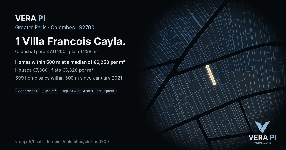 1 Villa Francois Cayla, Colombes at night – the plot lit, the parcels around coloured by the prices near them