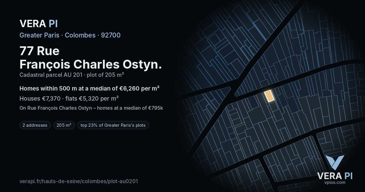77 Rue François Charles Ostyn, Colombes at night – the plot lit, the parcels around coloured by the prices near them