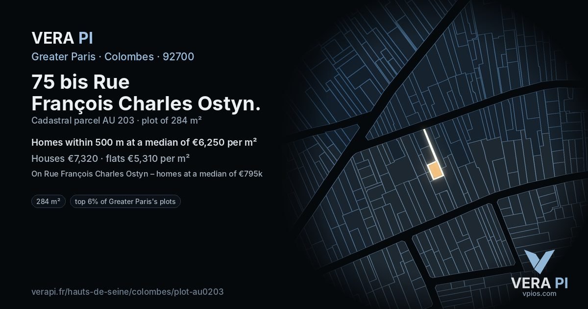 75 bis Rue François Charles Ostyn, Colombes at night – the plot lit, the parcels around coloured by the prices near them