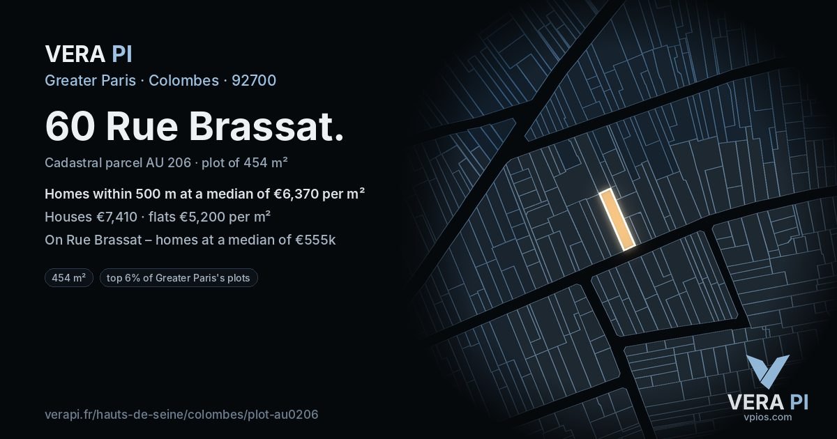 60 Rue Brassat, Colombes at night – the plot lit, the parcels around coloured by the prices near them