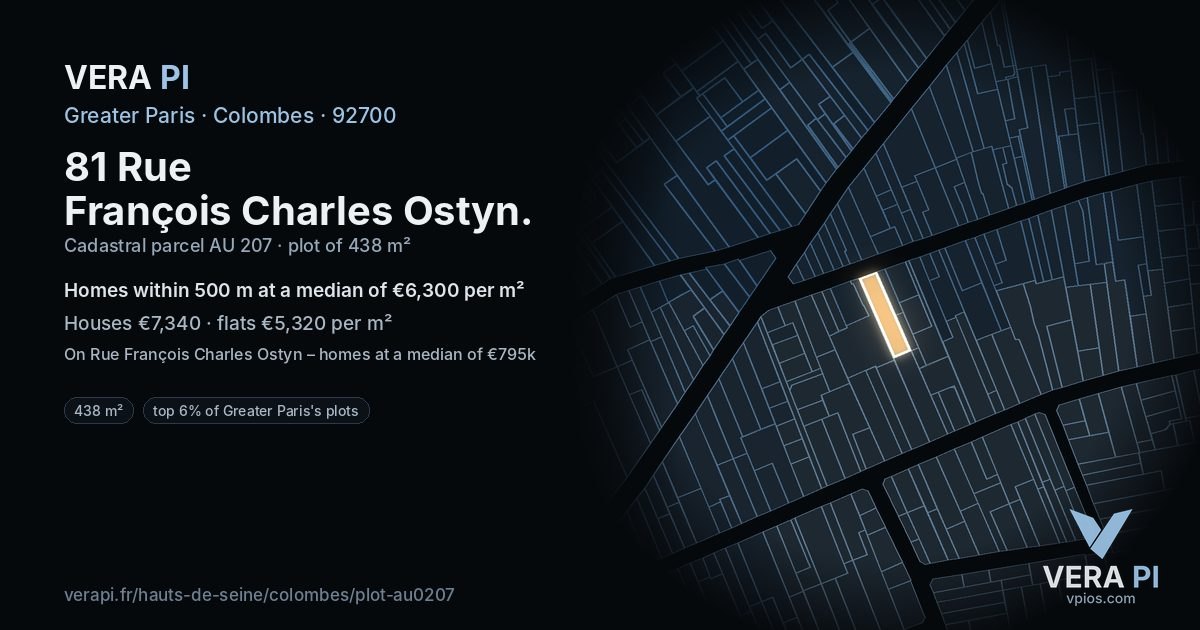 81 Rue François Charles Ostyn, Colombes at night – the plot lit, the parcels around coloured by the prices near them