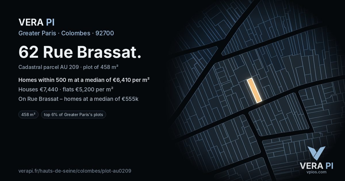 62 Rue Brassat, Colombes at night – the plot lit, the parcels around coloured by the prices near them