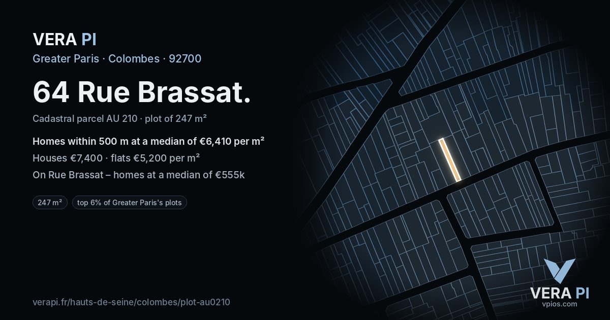 64 Rue Brassat, Colombes at night – the plot lit, the parcels around coloured by the prices near them