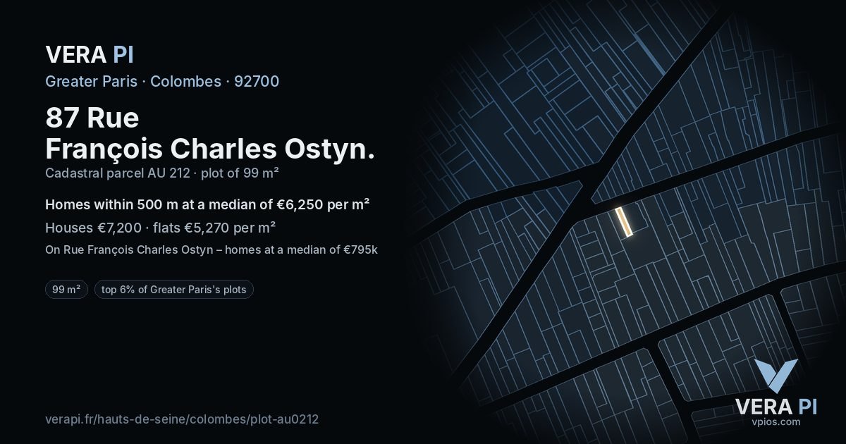 87 Rue François Charles Ostyn, Colombes at night – the plot lit, the parcels around coloured by the prices near them