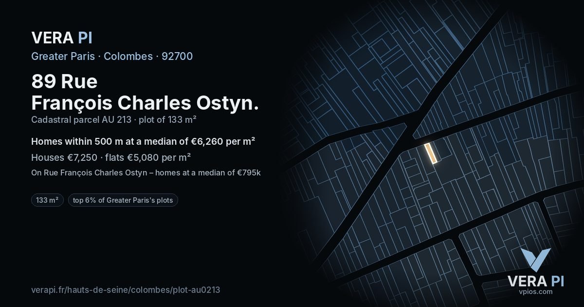 89 Rue François Charles Ostyn, Colombes at night – the plot lit, the parcels around coloured by the prices near them