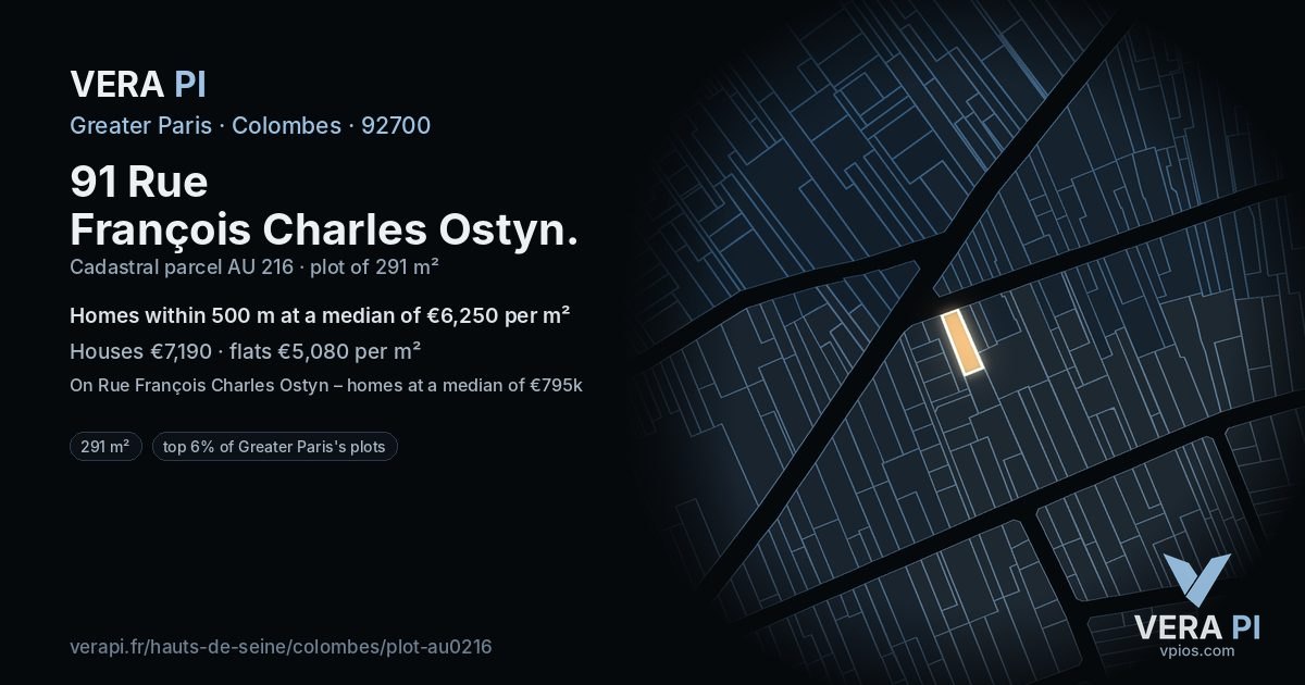 91 Rue François Charles Ostyn, Colombes at night – the plot lit, the parcels around coloured by the prices near them