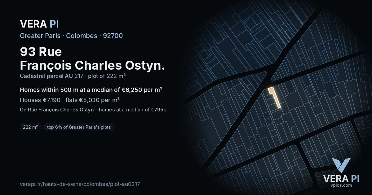 93 Rue François Charles Ostyn, Colombes at night – the plot lit, the parcels around coloured by the prices near them