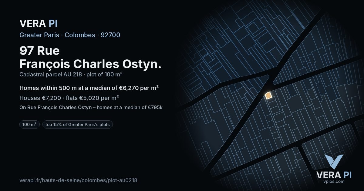 97 Rue François Charles Ostyn, Colombes at night – the plot lit, the parcels around coloured by the prices near them