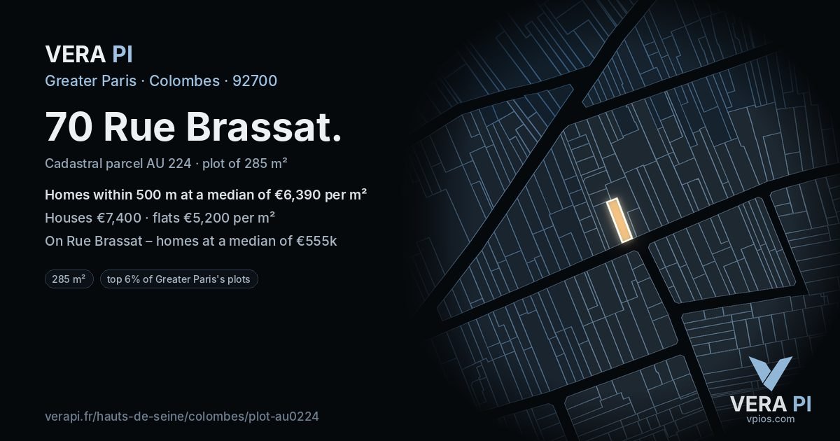 70 Rue Brassat, Colombes at night – the plot lit, the parcels around coloured by the prices near them