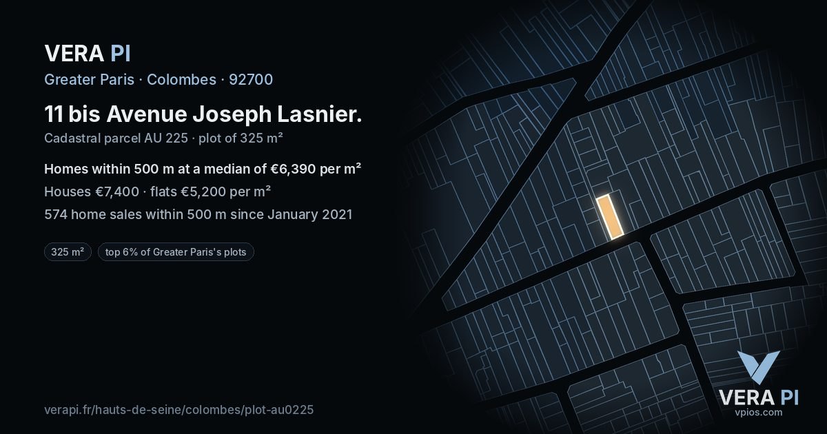11 bis Avenue Joseph Lasnier, Colombes at night – the plot lit, the parcels around coloured by the prices near them