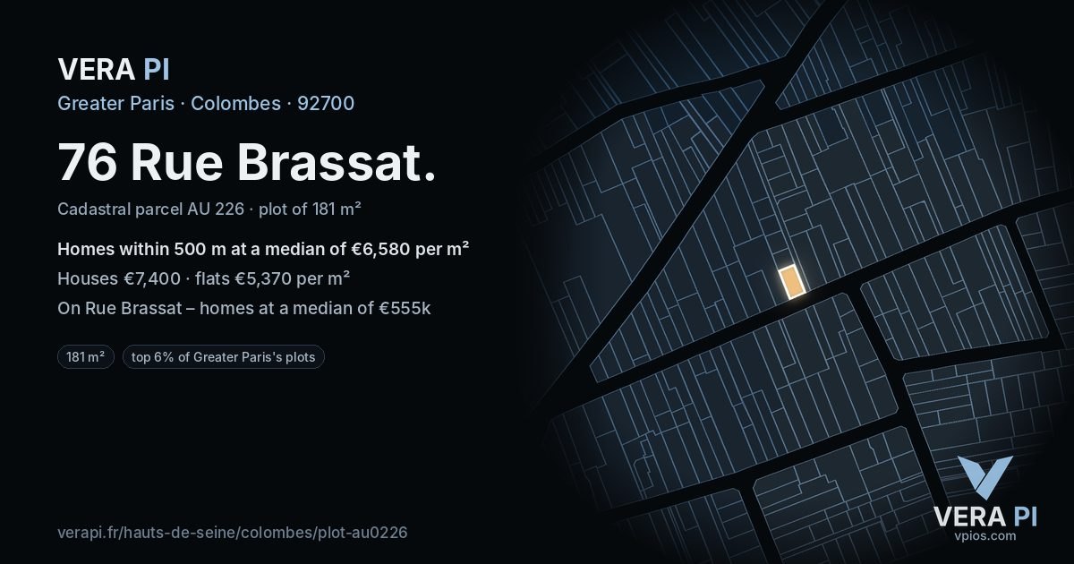 76 Rue Brassat, Colombes at night – the plot lit, the parcels around coloured by the prices near them