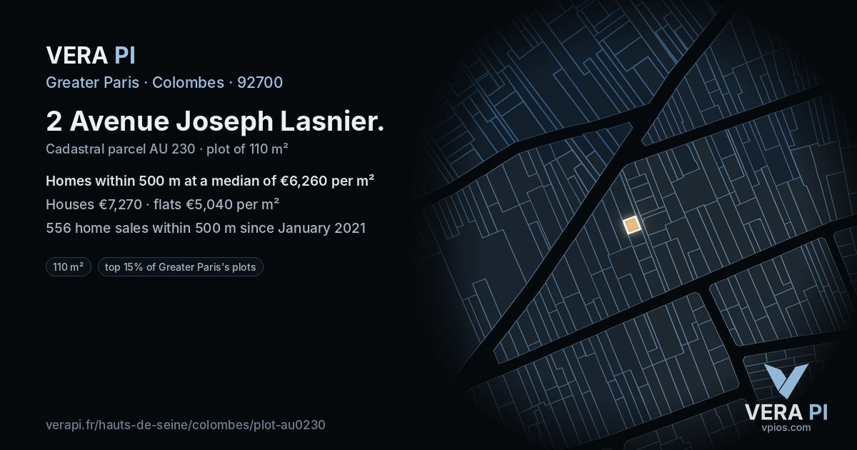 2 Avenue Joseph Lasnier, Colombes at night – the plot lit, the parcels around coloured by the prices near them