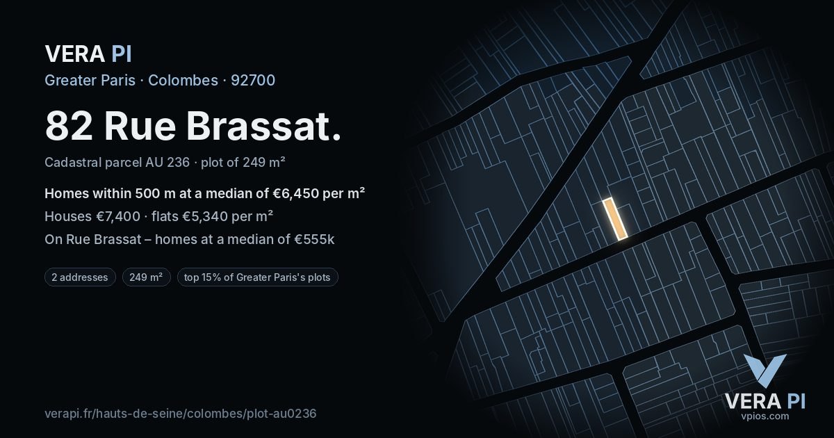 82 Rue Brassat, Colombes at night – the plot lit, the parcels around coloured by the prices near them