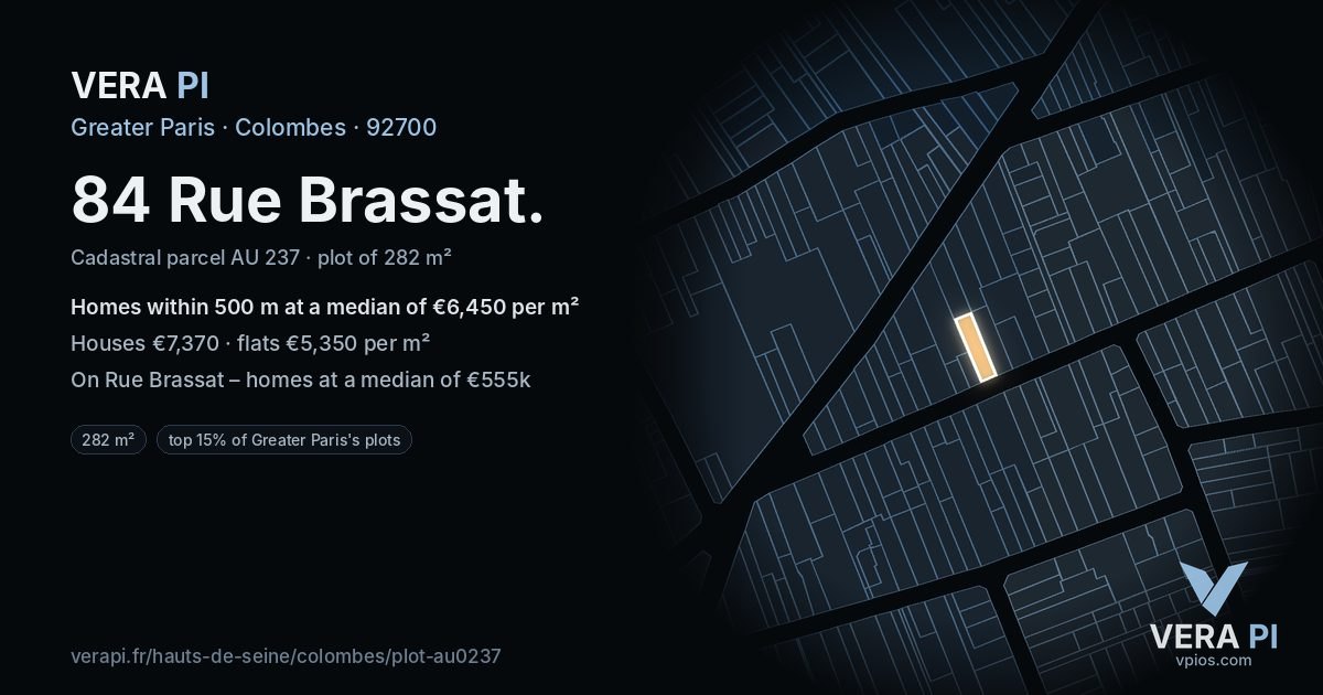 84 Rue Brassat, Colombes at night – the plot lit, the parcels around coloured by the prices near them