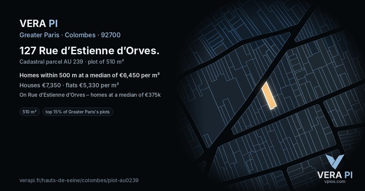 127 Rue d’Estienne d’Orves, Colombes at night – the plot lit, the parcels around coloured by the prices near them