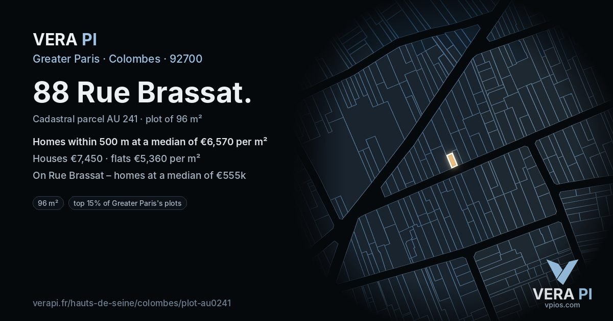 88 Rue Brassat, Colombes at night – the plot lit, the parcels around coloured by the prices near them