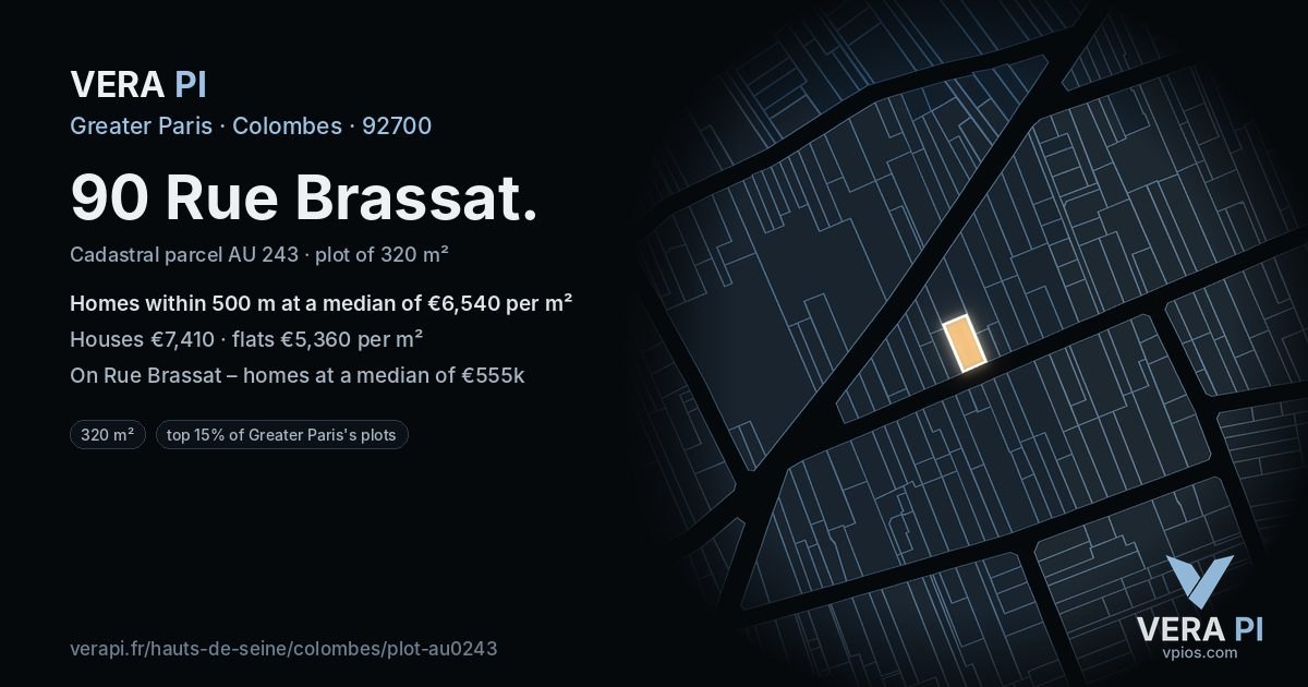 90 Rue Brassat, Colombes at night – the plot lit, the parcels around coloured by the prices near them
