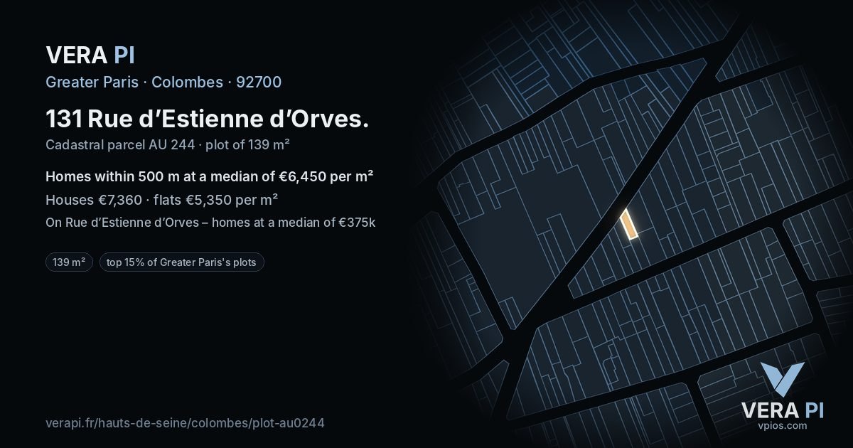 131 Rue d’Estienne d’Orves, Colombes at night – the plot lit, the parcels around coloured by the prices near them