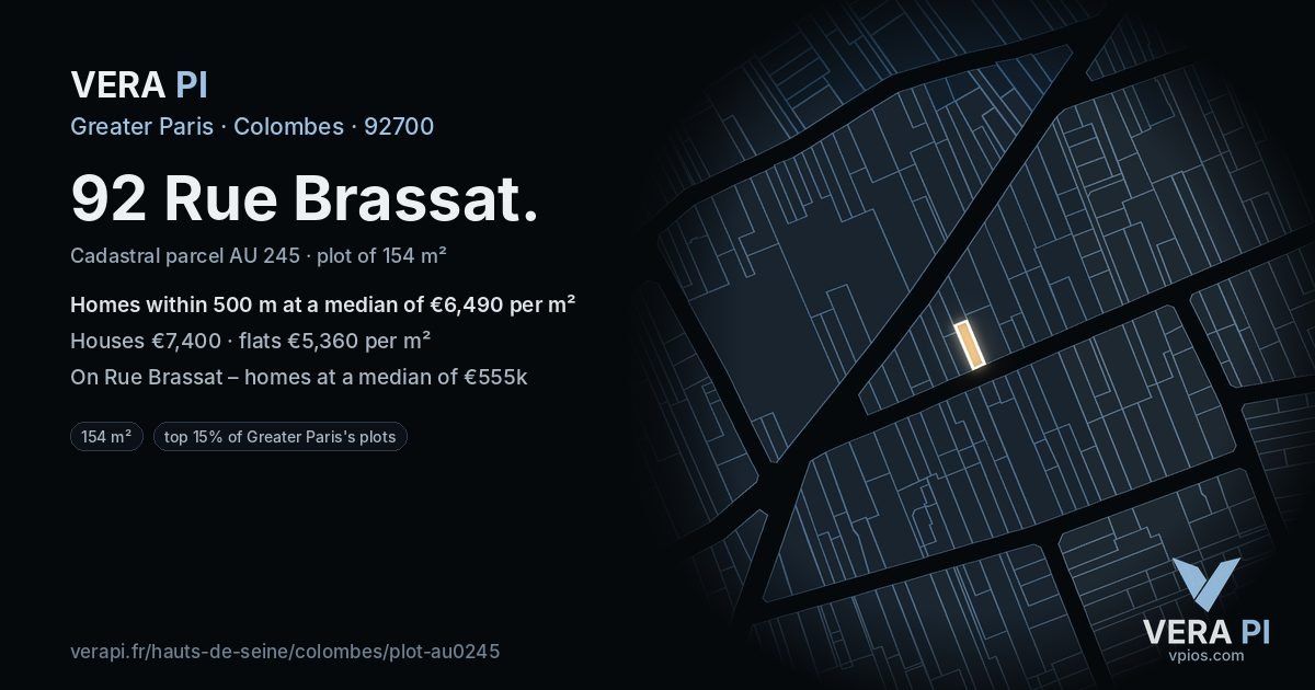 92 Rue Brassat, Colombes at night – the plot lit, the parcels around coloured by the prices near them