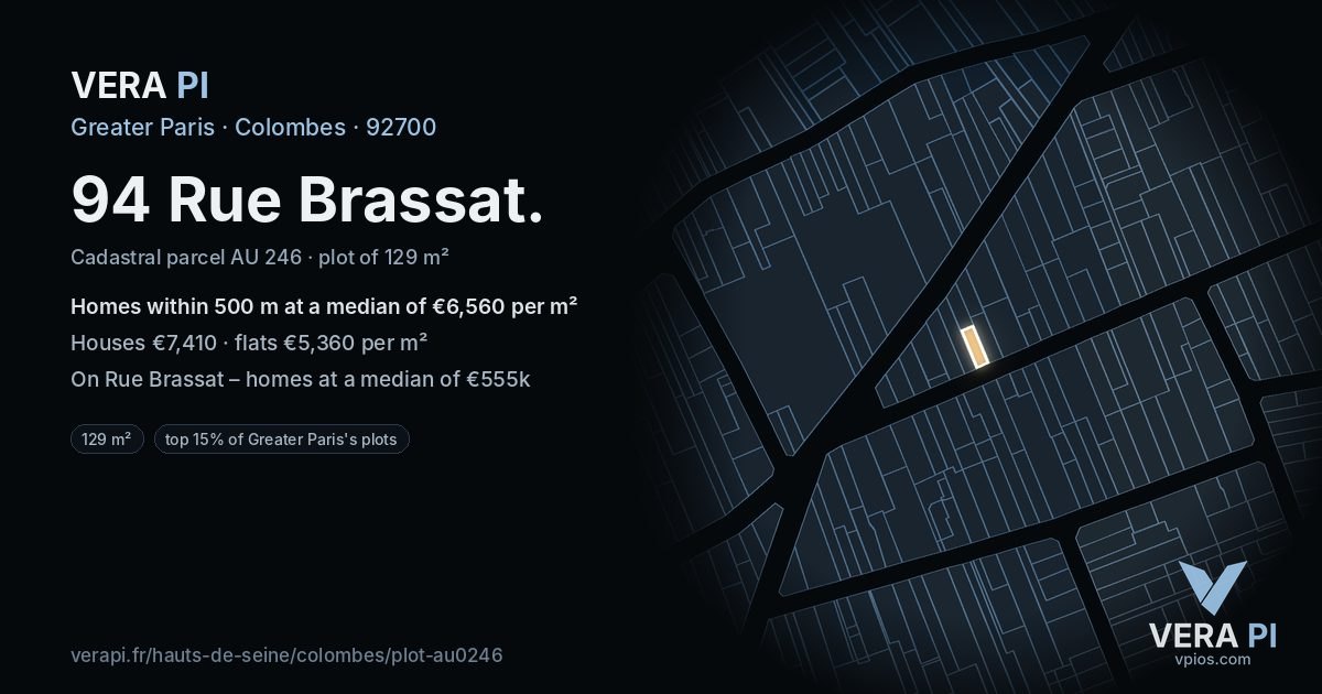 94 Rue Brassat, Colombes at night – the plot lit, the parcels around coloured by the prices near them