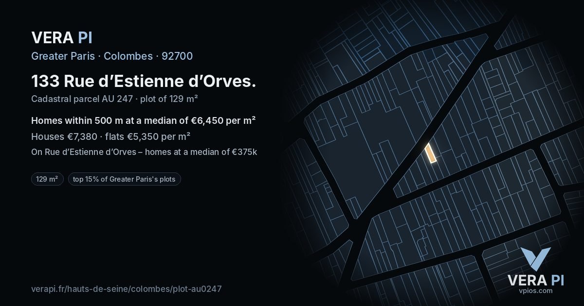 133 Rue d’Estienne d’Orves, Colombes at night – the plot lit, the parcels around coloured by the prices near them