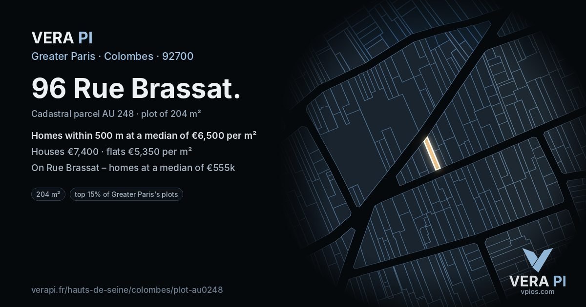 96 Rue Brassat, Colombes at night – the plot lit, the parcels around coloured by the prices near them