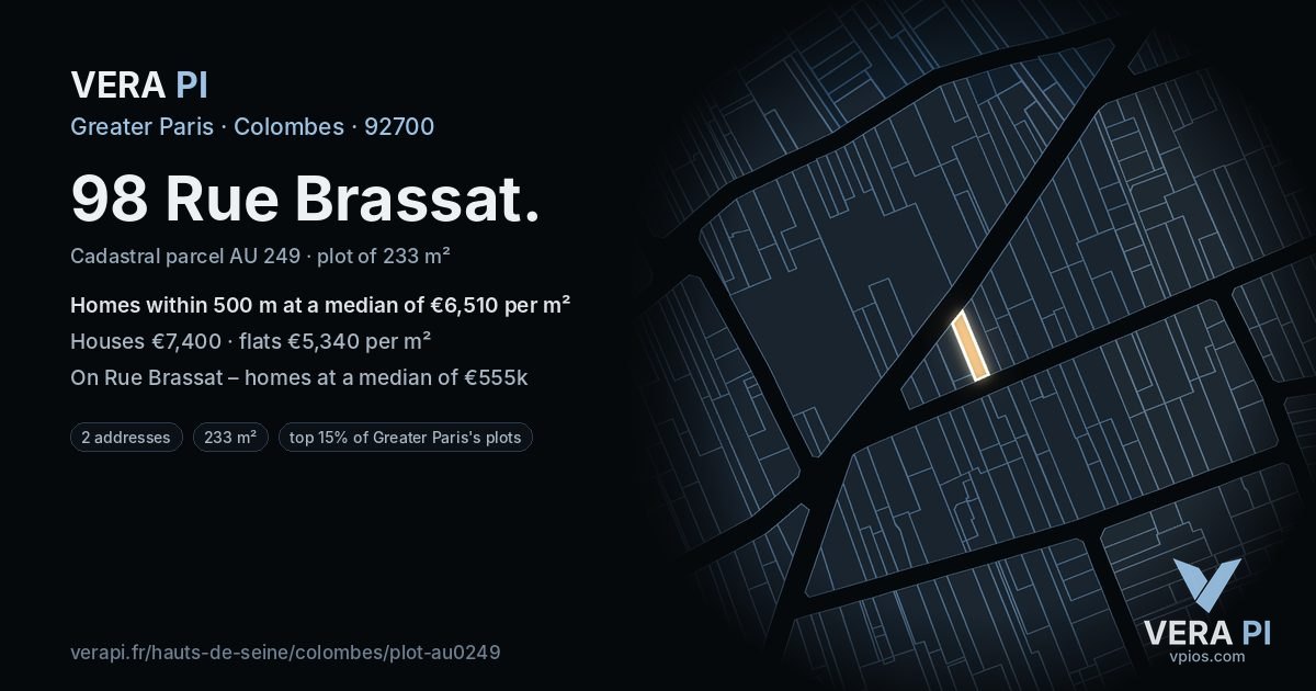 98 Rue Brassat, Colombes at night – the plot lit, the parcels around coloured by the prices near them